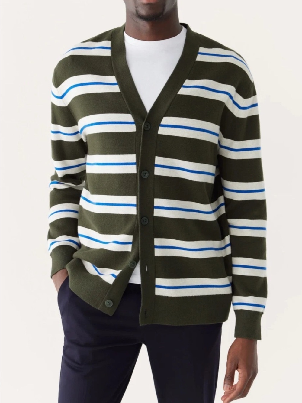 Frank & Oak Men’s Striped V Neck Cardigan - Size XL Green Blue Organic Cotton